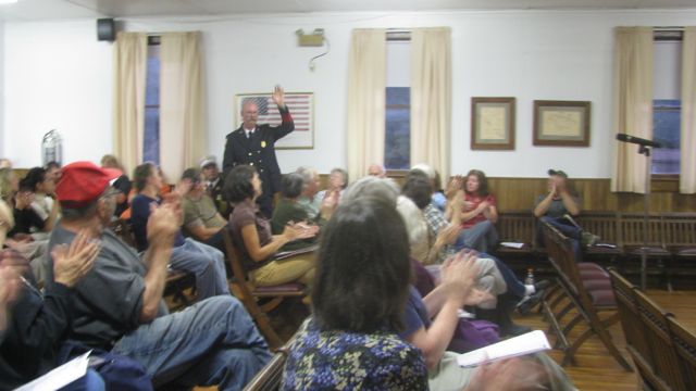 Jody Rossitz, Big Indian/Oliverea Fire Chief, acknowledging applause: Photo by Rusty Mae Moore